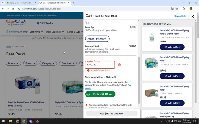 ReadyRefresh checkout page showing ReadyRefresh promo code box | Screenshot taken by SimplyCodes community member on Nov 24, 2024