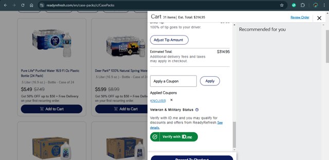 ReadyRefresh checkout page showing ReadyRefresh promo code box | Screenshot taken by SimplyCodes community member on Oct 13, 2024
