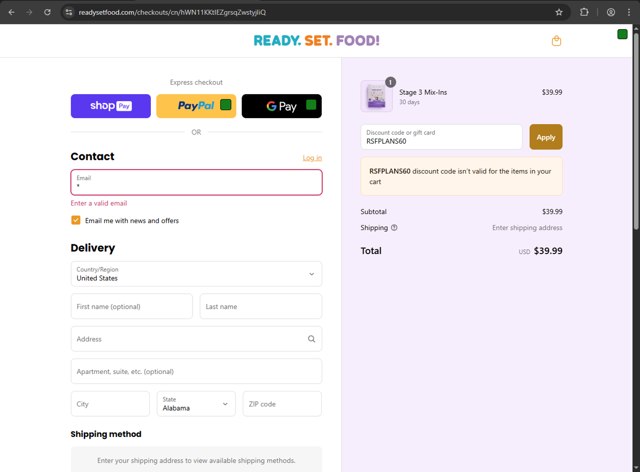 Ready, Set, Food checkout page showing Ready, Set, Food discount code box | Screenshot taken by SimplyCodes community member on Jul 25, 2025