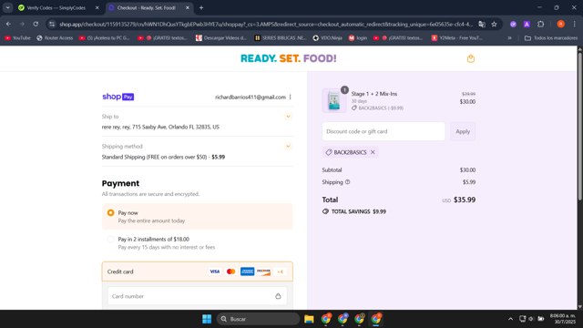 Ready, Set, Food checkout page showing Ready, Set, Food discount code box | Screenshot taken by SimplyCodes community member on Jul 30, 2025