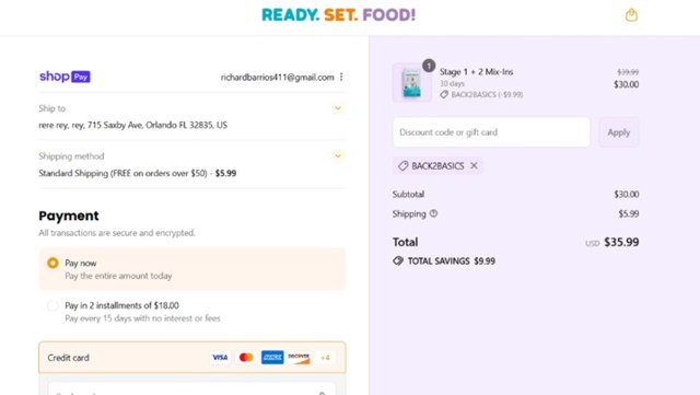 Ready, Set, Food checkout page showing Ready, Set, Food discount code box | Screenshot taken by SimplyCodes community member on Aug 28, 2025