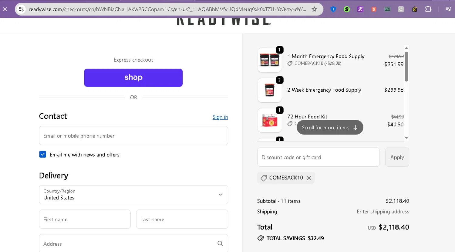 ReadyWise promo code screenshot showing code COMEBACK10 applied at ReadyWise checkout page. Uploaded by SimplyCodes community member beatrizcastillo on May 3, 2026