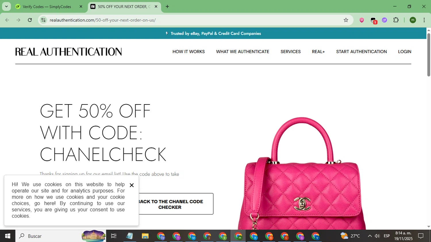 Real Authentication promo code screenshot showing code CHANELCHECK applied at Real Authentication checkout page. Uploaded by SimplyCodes community member CoinSage7057 on Nov 19, 2025