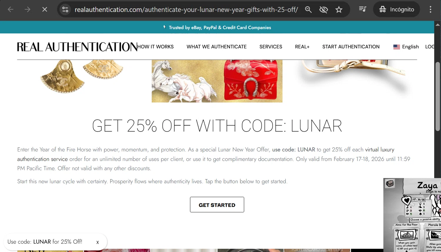 Real Authentication promo code screenshot showing code LUNAR applied at Real Authentication checkout page. Uploaded by SimplyCodes community member anosesmith on Feb 18, 2026