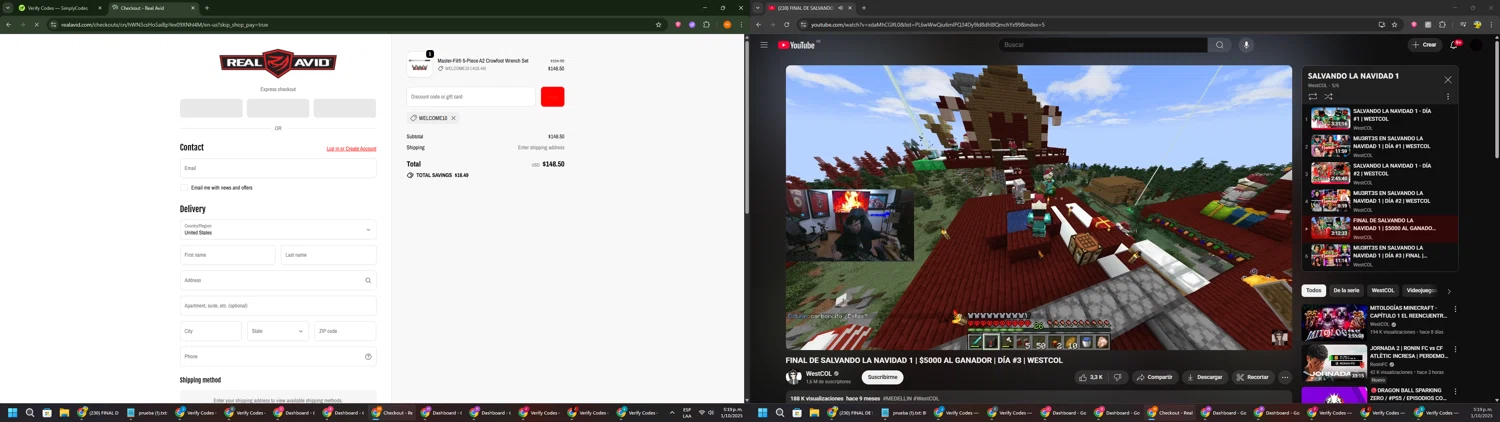 Real Avid discount code screenshot showing code WELCOME10 applied at Real Avid checkout page. Uploaded by SimplyCodes community member Davoxeneixe on Oct 1, 2025