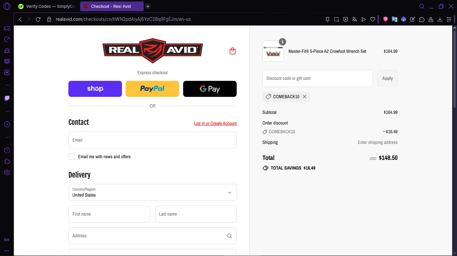 Real Avid discount code screenshot showing code COMEBACK10 applied at Real Avid checkout page. Uploaded by SimplyCodes community member RewardLion134 on Sep 10, 2025