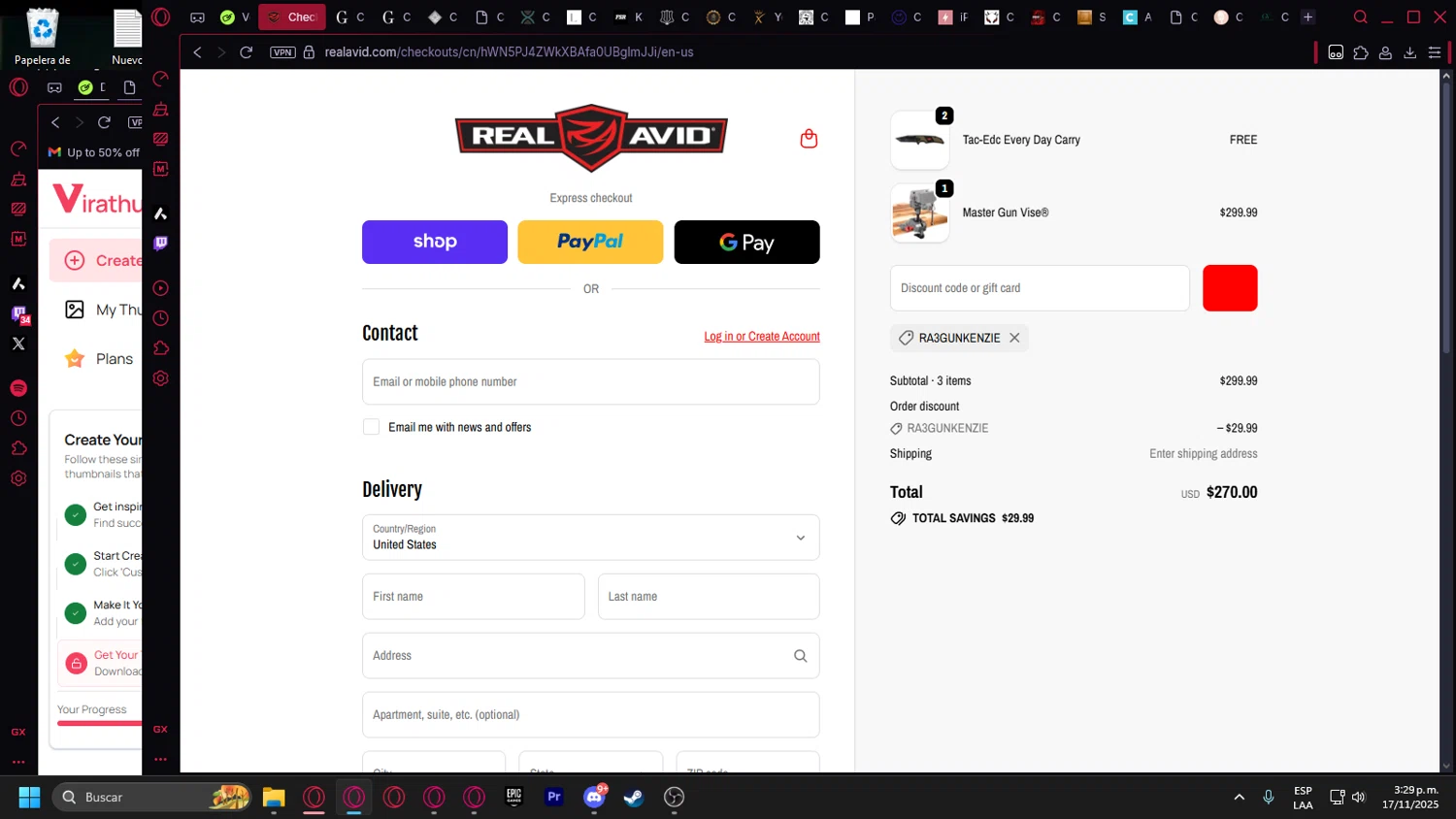 Real Avid discount code screenshot showing code ra3gunkenzie applied at Real Avid checkout page. Uploaded by SimplyCodes community member leonardocamacho2 on Nov 17, 2025