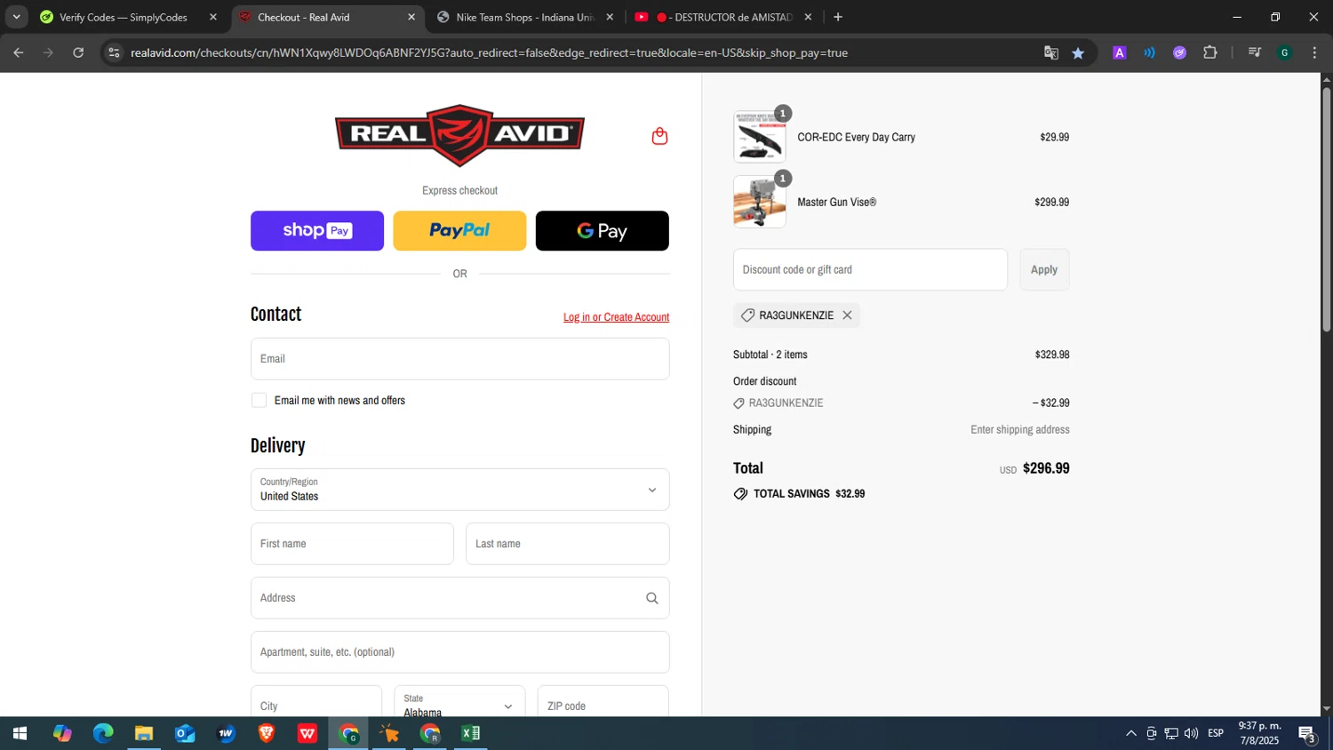 Real Avid discount code screenshot showing code ra3gunkenzie applied at Real Avid checkout page. Uploaded by SimplyCodes community member yasabesssss on Aug 8, 2025