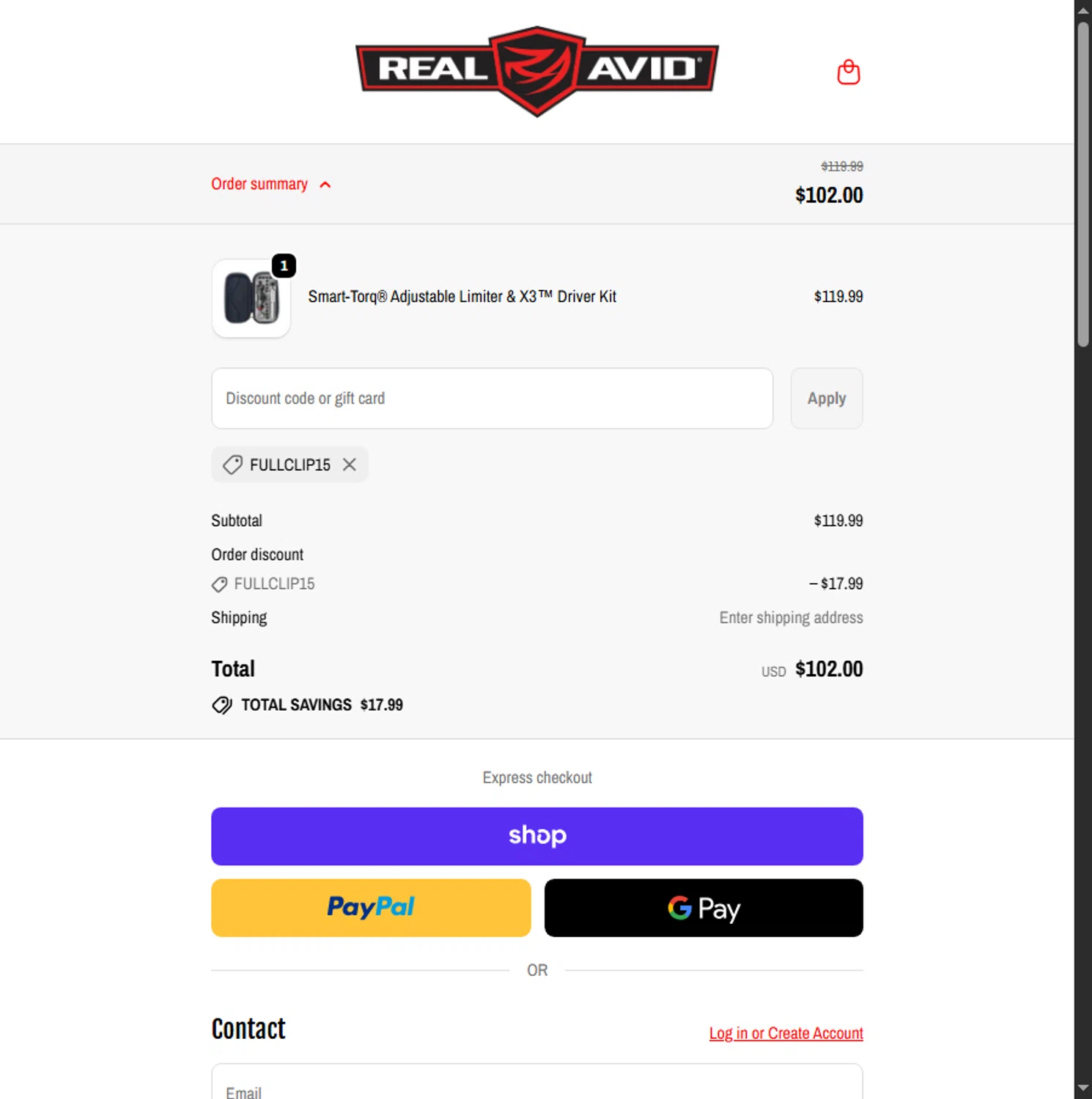 Real Avid discount code screenshot showing code FULLCLIP15 applied at Real Avid checkout page. Uploaded by SimplyCodes community member Beaaalmera on Oct 1, 2025