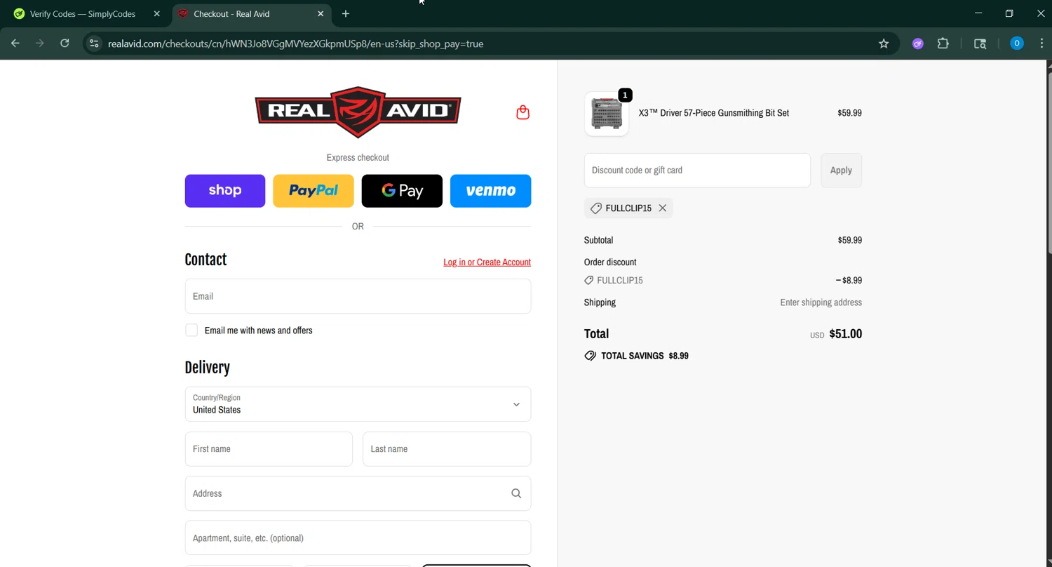 Real Avid discount code screenshot showing code FULLCLIP15 applied at Real Avid checkout page. Uploaded by SimplyCodes community member GoldAdmiral5202 on Sep 23, 2025