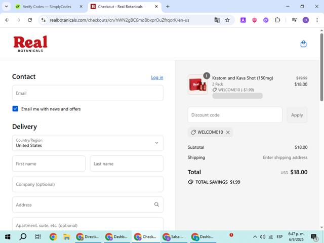 Real Botanicals checkout page showing Real Botanicals promo code box | Screenshot taken by SimplyCodes community member on Sep 6, 2025