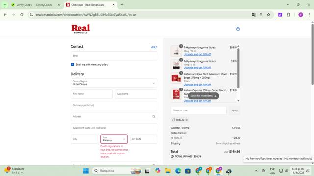 Real Botanicals checkout page showing Real Botanicals promo code box | Screenshot taken by SimplyCodes community member on Sep 6, 2025