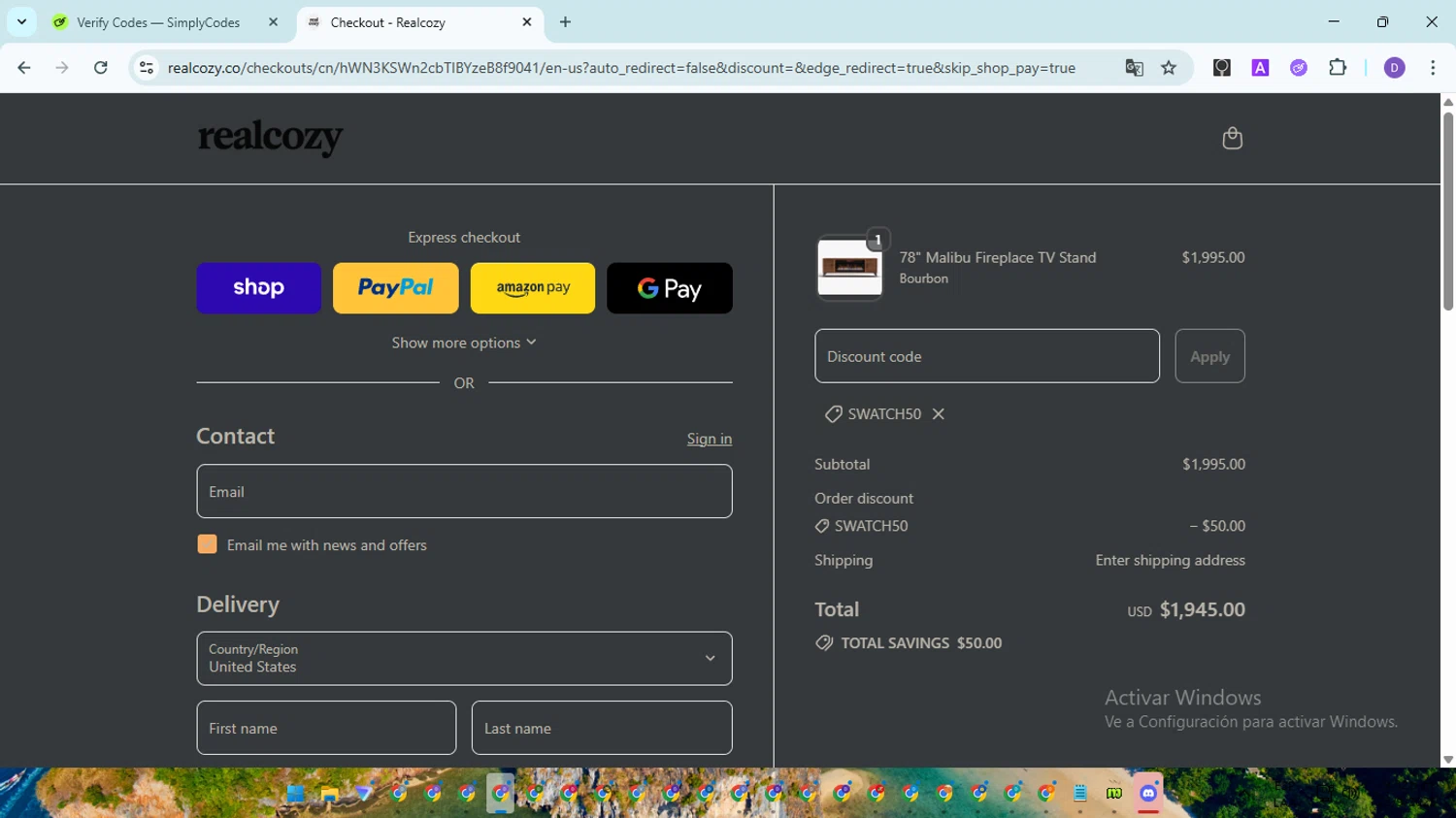 RealCozy discount code screenshot showing code swatch50 applied at RealCozy checkout page. Uploaded by SimplyCodes community member SavingsGuardian5156 on Sep 24, 2025