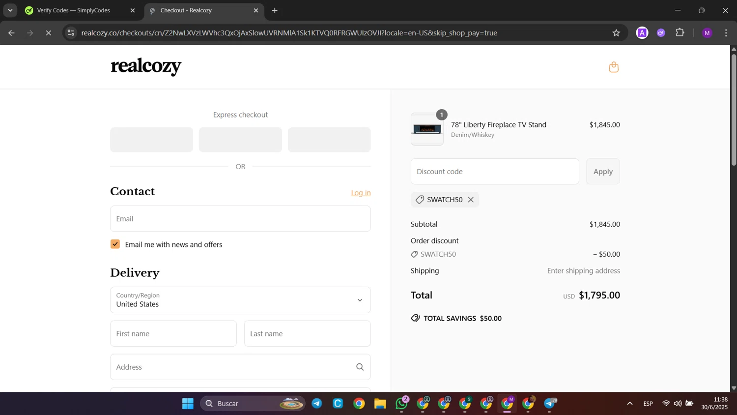 RealCozy discount code screenshot showing code swatch50 applied at RealCozy checkout page. Uploaded by SimplyCodes community member jinwoo on Jun 30, 2025