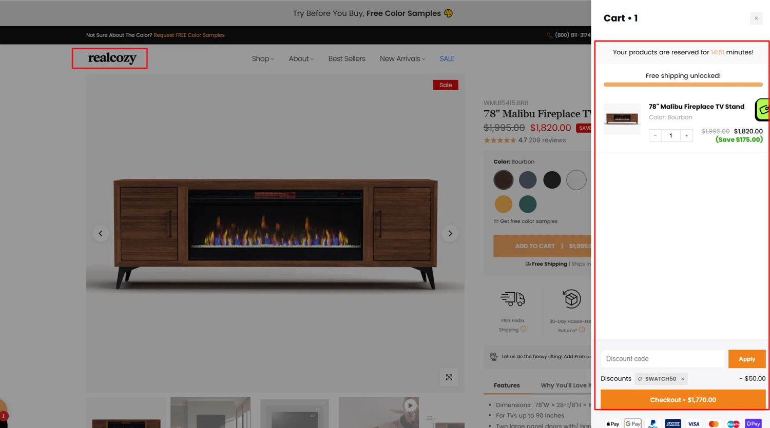 RealCozy discount code screenshot showing code swatch50 applied at RealCozy checkout page. Uploaded by SimplyCodes community member maribelcastro on May 23, 2025