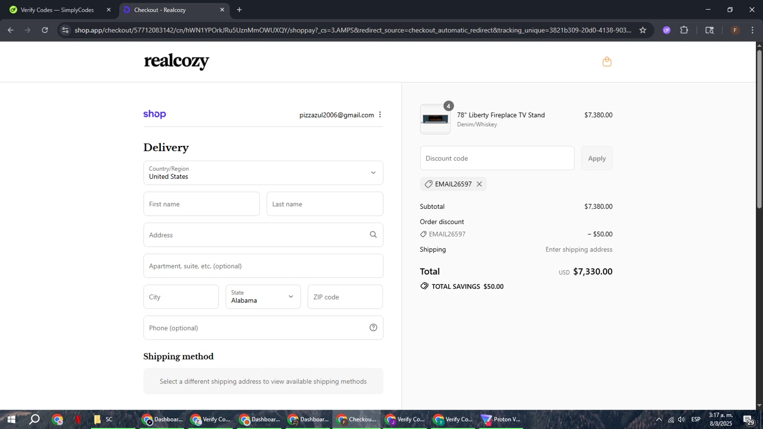 RealCozy discount code screenshot showing code EMAIL26597 applied at RealCozy checkout page. Uploaded by SimplyCodes community member ExtraordinaryHunter3076 on Aug 8, 2025