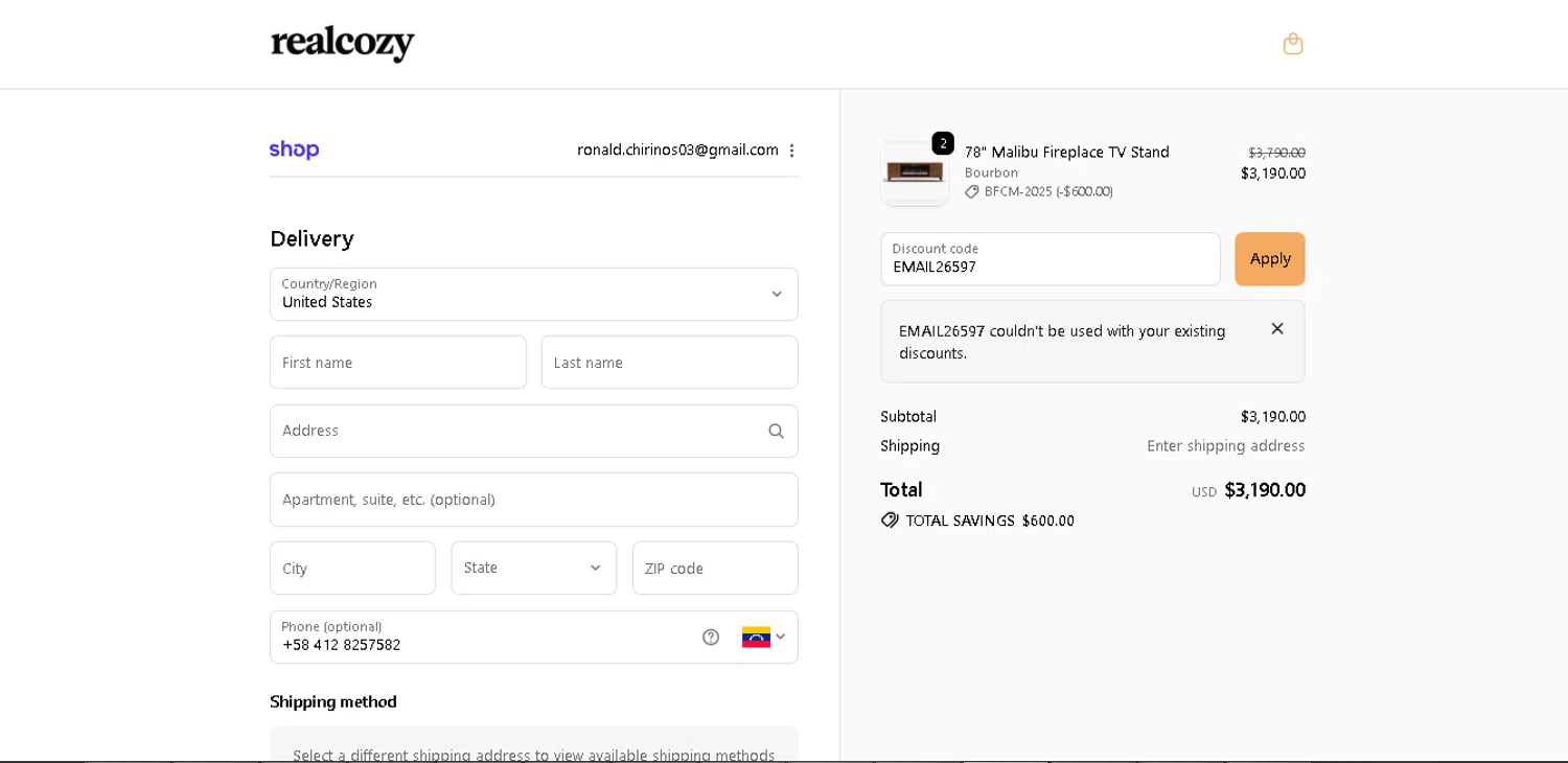 RealCozy discount code screenshot showing code EMAIL26597 applied at RealCozy checkout page. Uploaded by SimplyCodes community member alpha007 on Nov 28, 2025