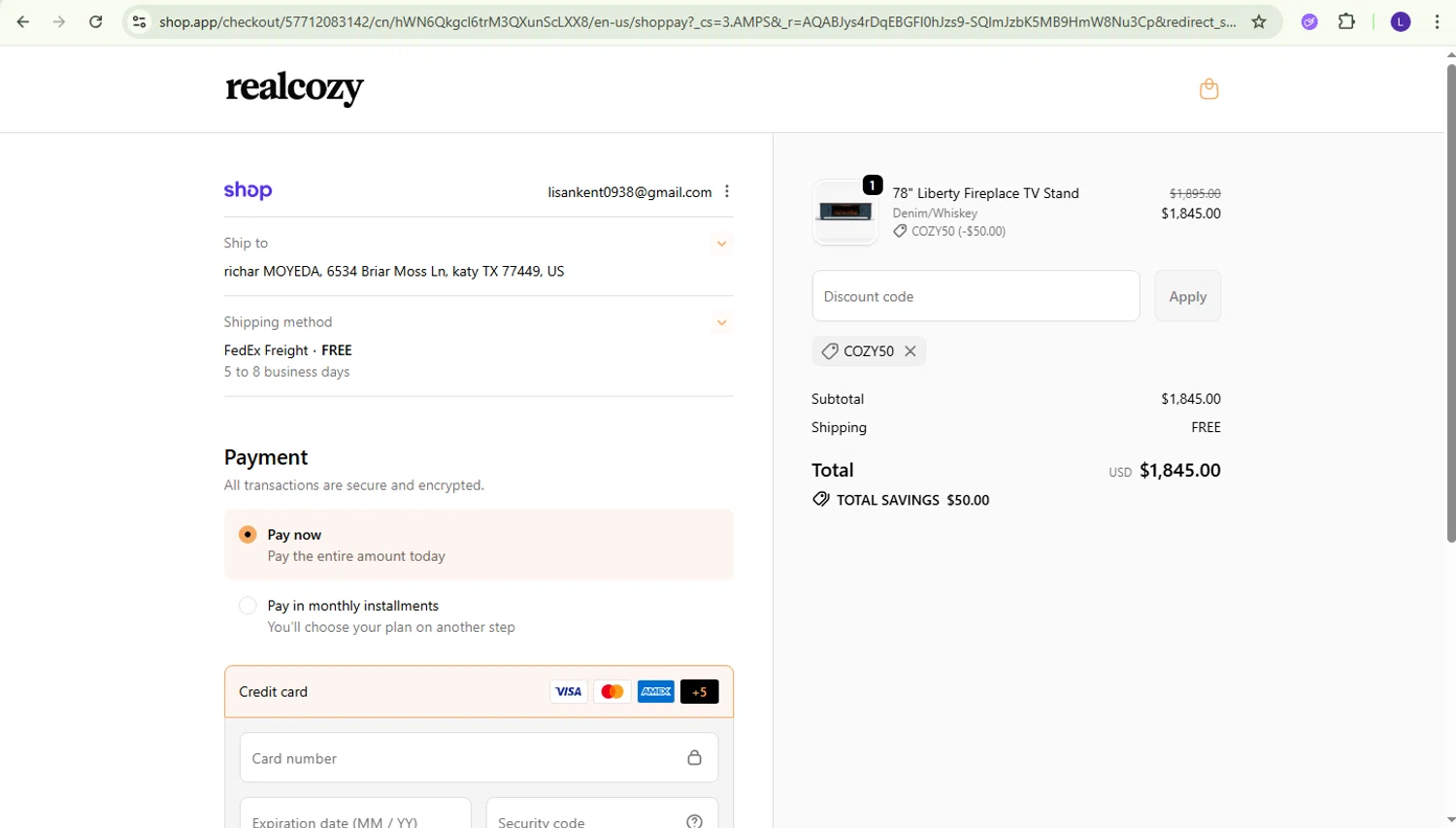 RealCozy discount code screenshot showing code COZY50 applied at RealCozy checkout page. Uploaded by SimplyCodes community member richard007 on Dec 14, 2025