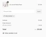 WELCOME20 coupon verification screenshot