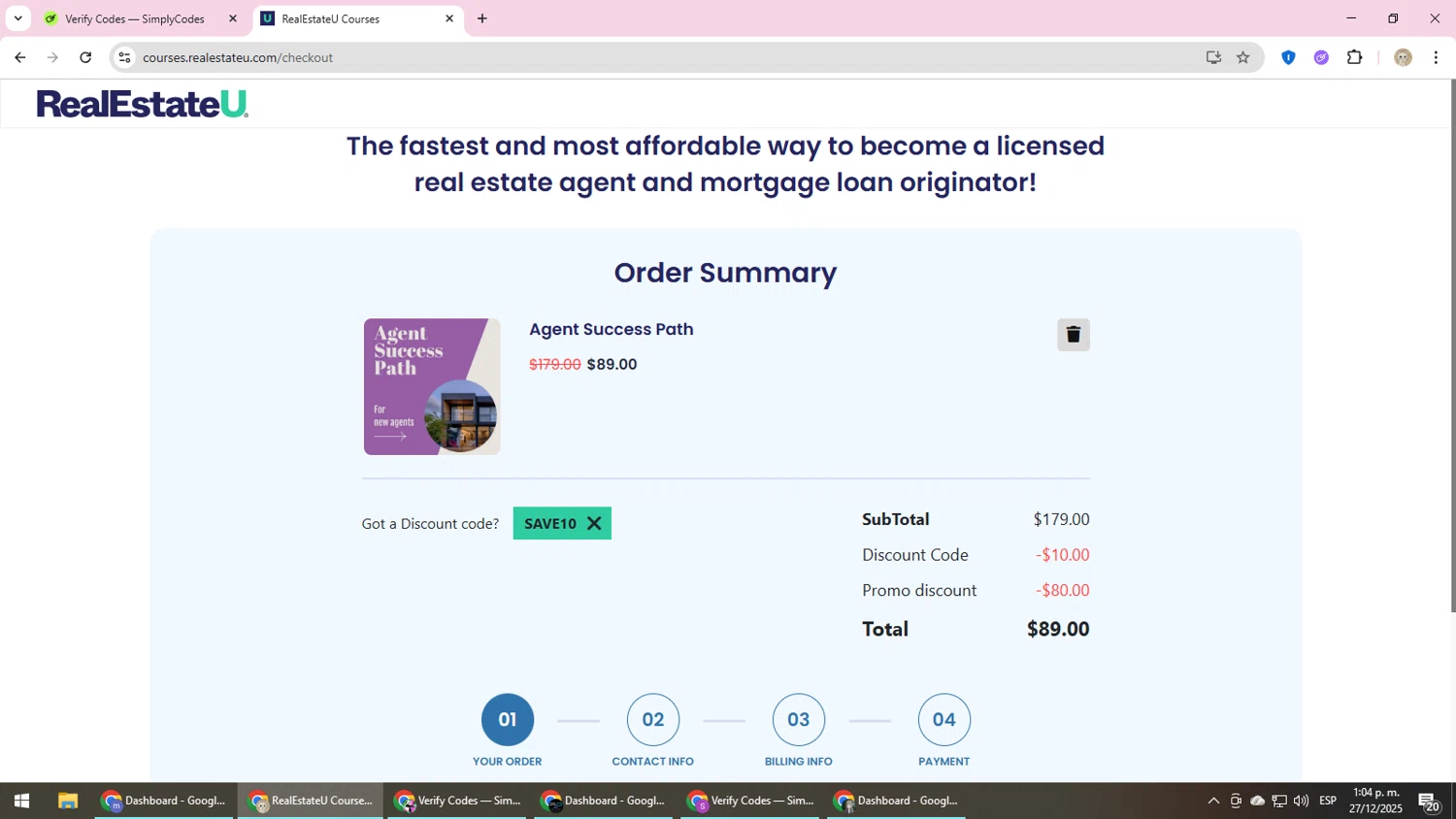 Realestateu discount code screenshot showing code SAVE10 applied at Realestateu checkout page. Uploaded by SimplyCodes community member NobleScholar4826 on Dec 27, 2025