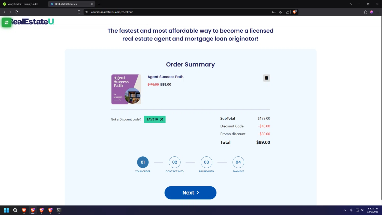 Realestateu checkout page showing Realestateu discount code box | Screenshot taken by SimplyCodes community member on Feb 12, 2025