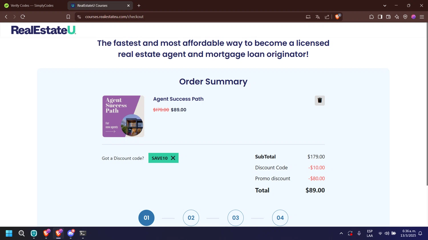 Realestateu discount code screenshot showing code SAVE10 applied at Realestateu checkout page. Uploaded by SimplyCodes community member nabucodonosor on Mar 13, 2025
