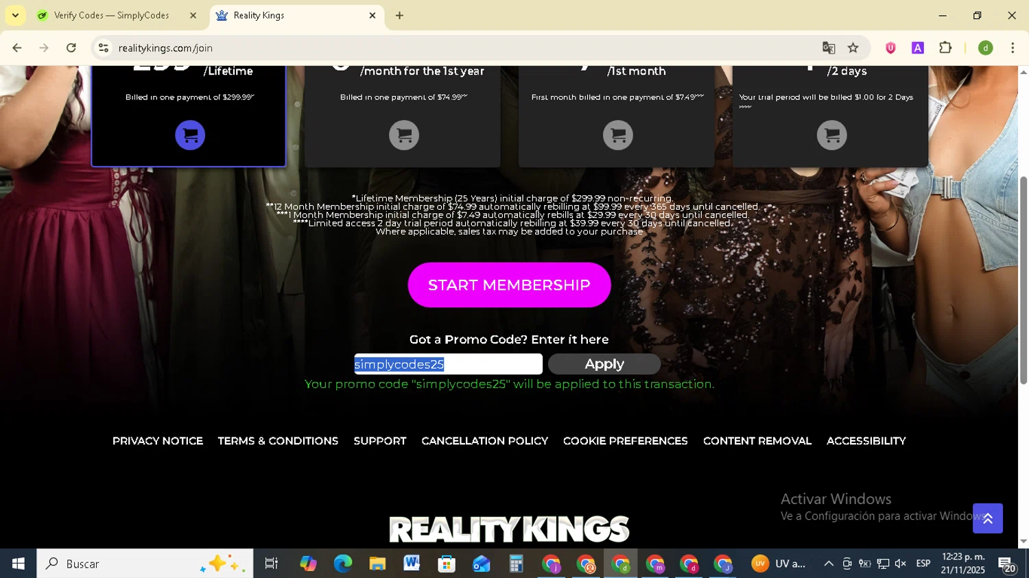 Reality Kings promo code screenshot showing code simplycodes25 applied at Reality Kings checkout page. Uploaded by SimplyCodes community member SavingsSentinel833 on Nov 21, 2025