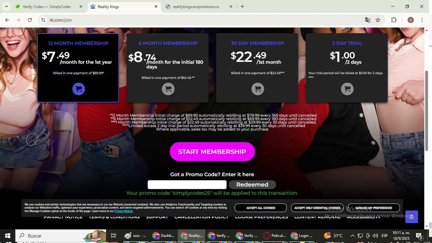 Reality Kings promo code screenshot showing code simplycodes25 applied at Reality Kings checkout page. Uploaded by SimplyCodes community member WiseExpert2972 on Sep 18, 2025