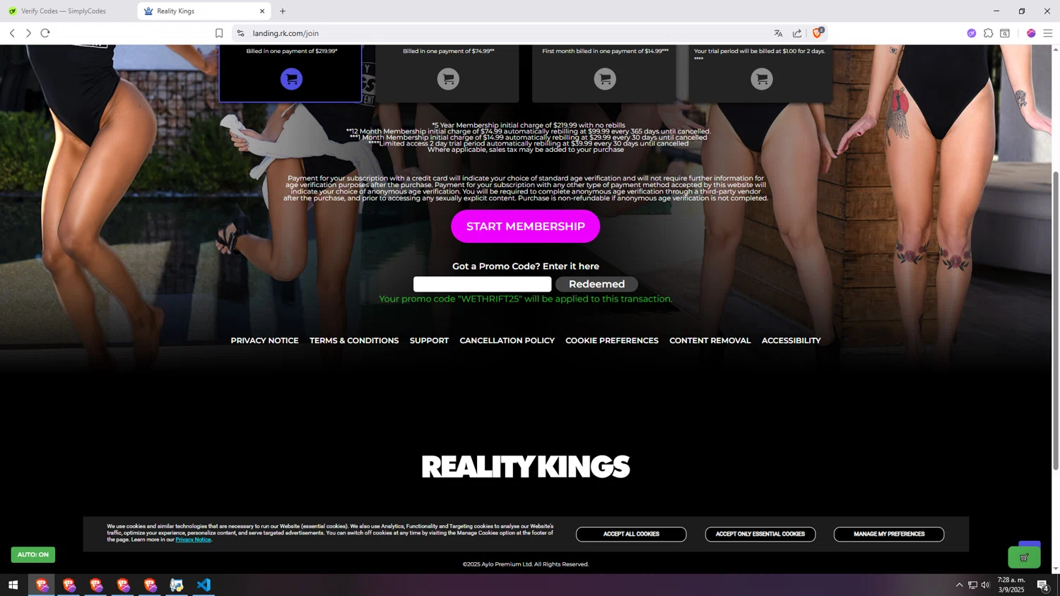 Reality Kings promo code screenshot showing code WETHRIFT25 applied at Reality Kings checkout page. Uploaded by SimplyCodes community member MRYORMAN on Sep 3, 2025