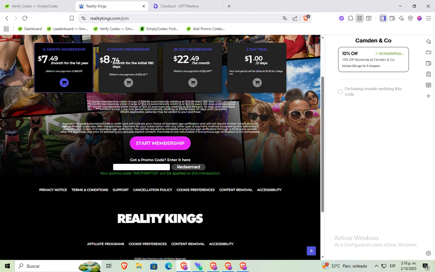 Reality Kings promo code screenshot showing code WETHRIFT25 applied at Reality Kings checkout page. Uploaded by SimplyCodes community member Rayyyyyy on Oct 2, 2025