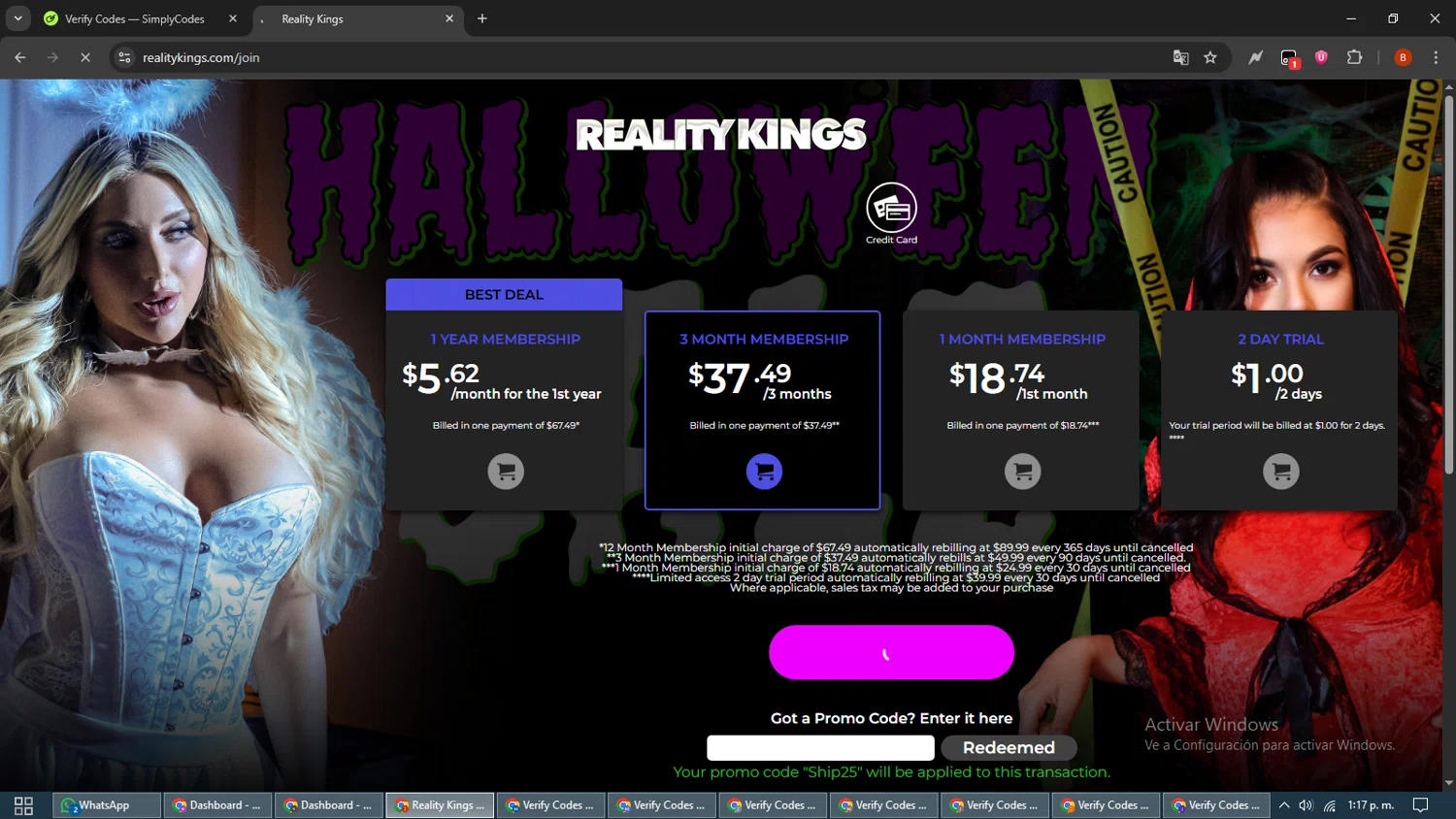 Reality Kings promo code screenshot showing code SHIP25 applied at Reality Kings checkout page. Uploaded by SimplyCodes community member BrilliantLynx7174 on Oct 31, 2025