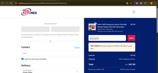 Real Ketones checkout page showing Real Ketones promo code box | Screenshot taken by SimplyCodes community member on Sep 13, 2025
