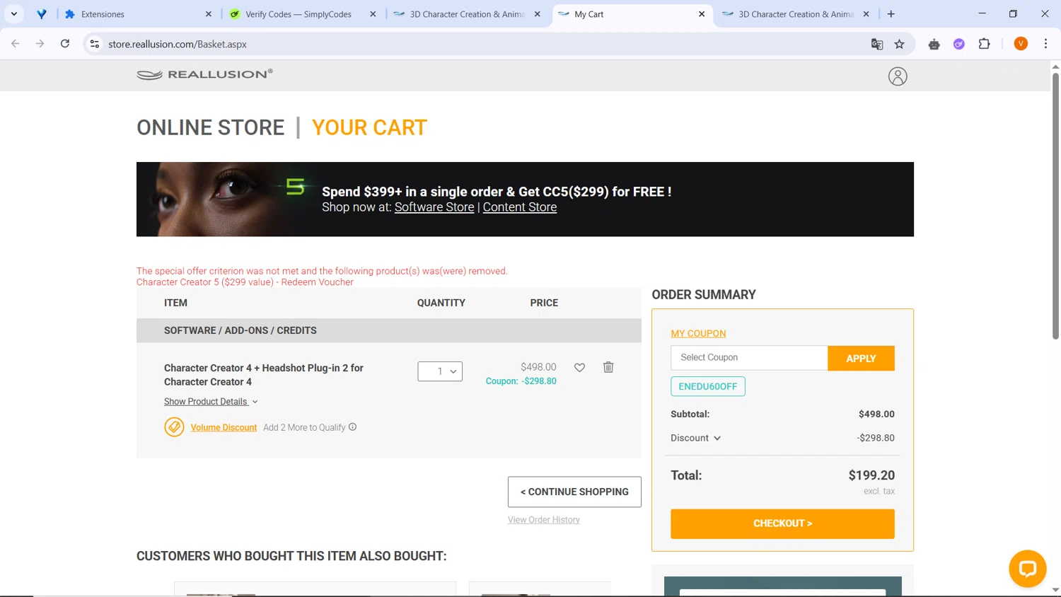 Reallusion promo code screenshot showing code ENEDU60OFF applied at Reallusion checkout page. Uploaded by SimplyCodes community member BrilliantLion4485 on May 20, 2025
