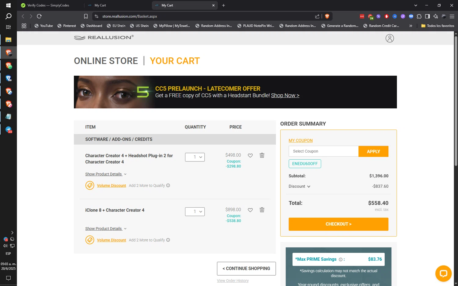 Reallusion promo code screenshot showing code ENEDU60OFF applied at Reallusion checkout page. Uploaded by SimplyCodes community member ilarrazaM1 on Jun 20, 2025