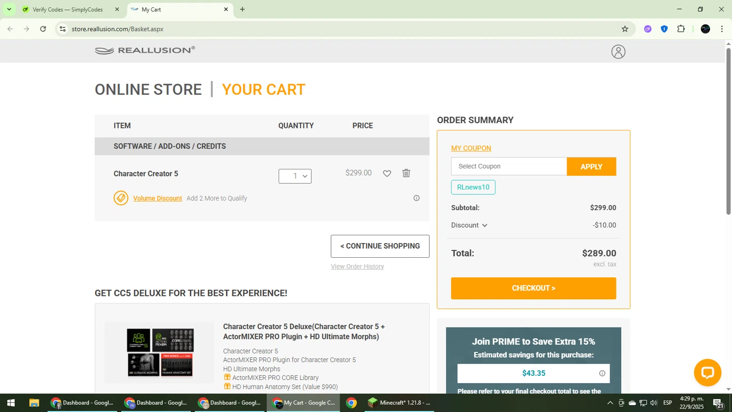 Reallusion promo code screenshot showing code RLnews10 applied at Reallusion checkout page. Uploaded by SimplyCodes community member CarmenVGR on Sep 22, 2025