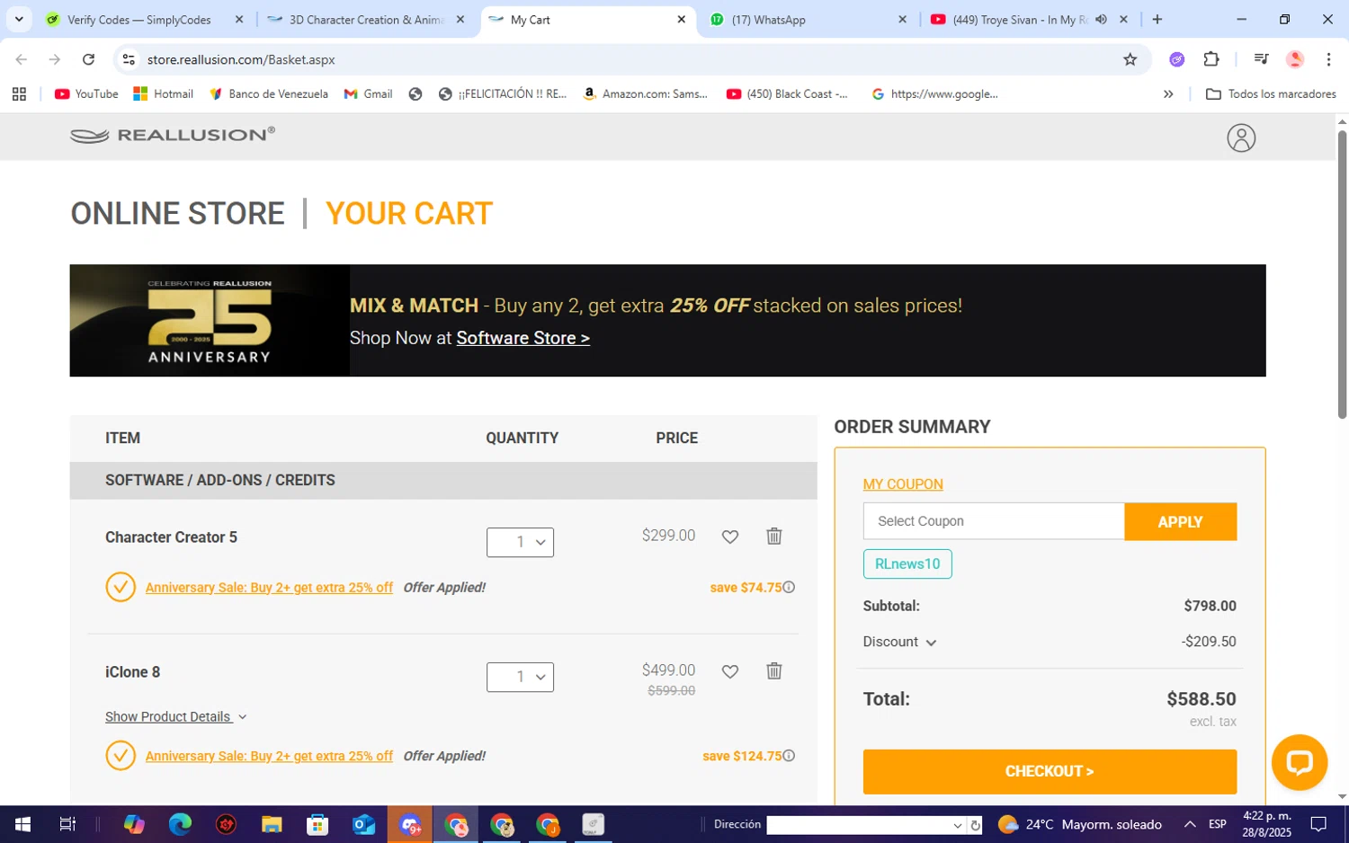 Reallusion promo code screenshot showing code RLnews10 applied at Reallusion checkout page. Uploaded by SimplyCodes community member WiseScholar9036 on Aug 28, 2025
