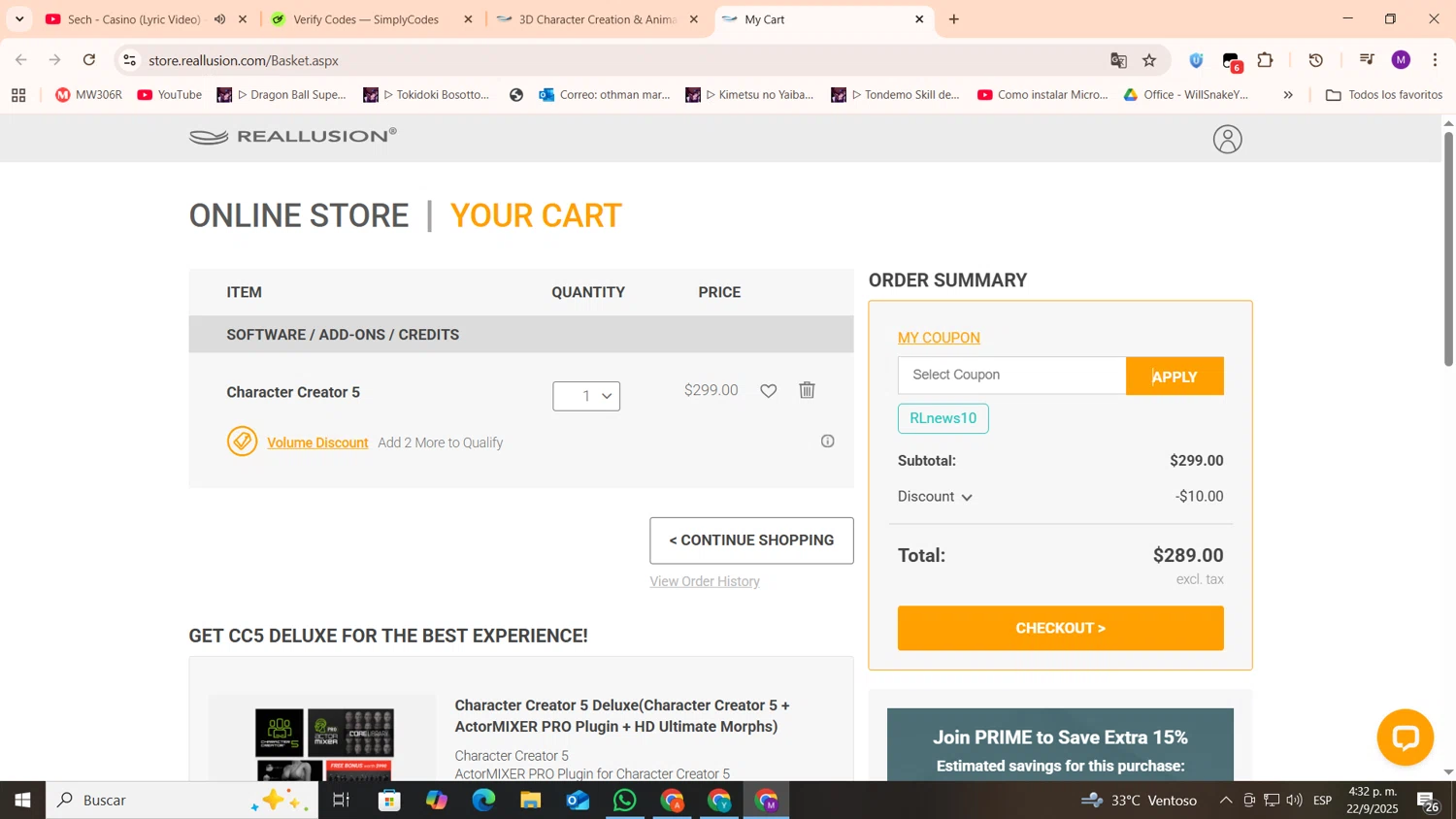 Reallusion promo code screenshot showing code RLnews10 applied at Reallusion checkout page. Uploaded by SimplyCodes community member cod_gakpo on Sep 22, 2025