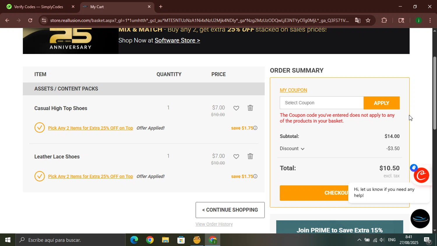 Reallusion promo code screenshot showing code csnew20 applied at Reallusion checkout page. Uploaded by SimplyCodes community member jorgeroz on Aug 27, 2025