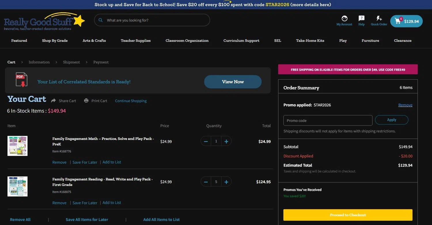 Really Good Stuff promo code screenshot showing code STAR2026 applied at Really Good Stuff checkout page. Uploaded by SimplyCodes community member josemiguelaponte on Jun 1, 2026