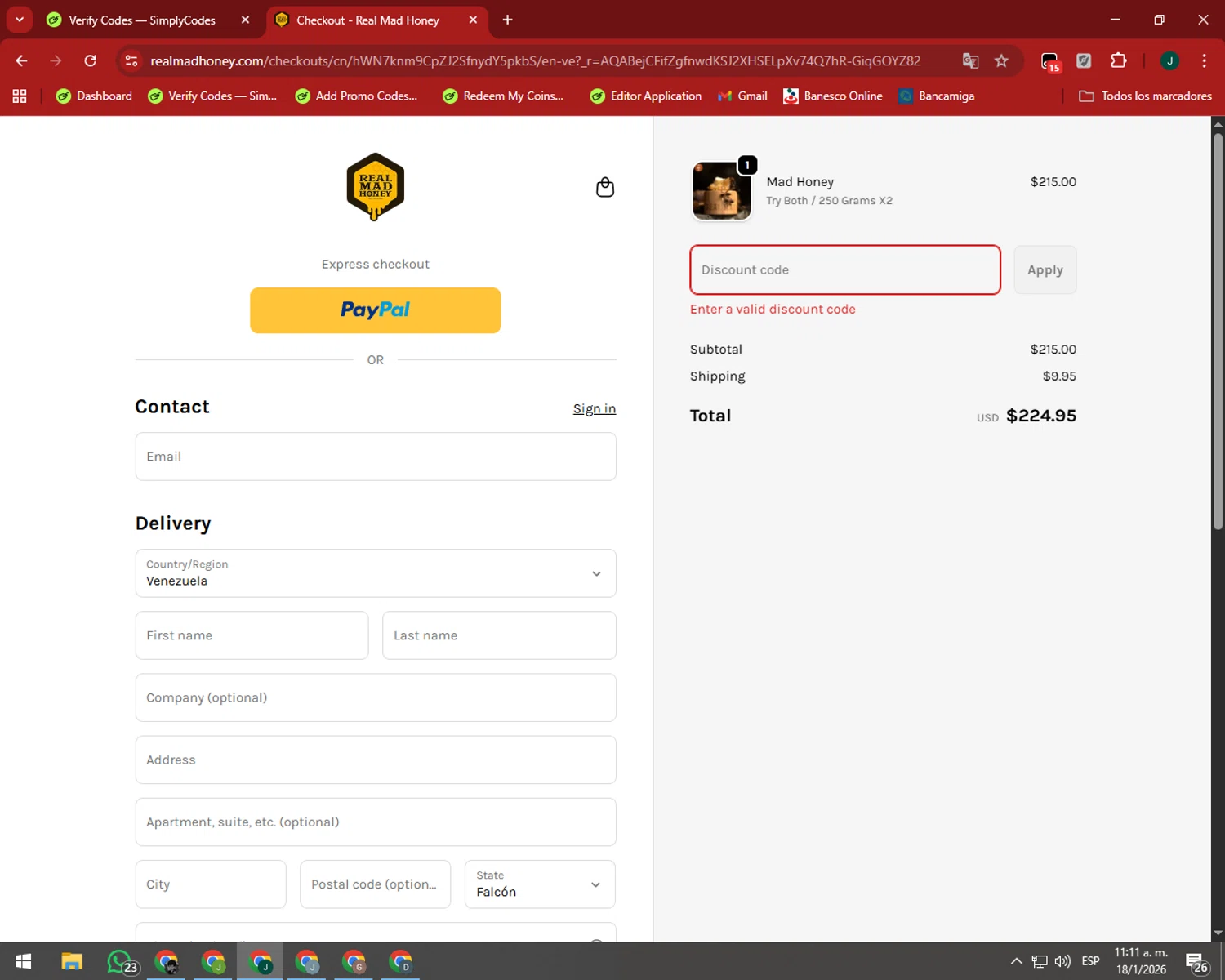 Real Mad Honey coupon code screenshot showing code tktk applied at Real Mad Honey checkout page. Uploaded by SimplyCodes community member SilverAdmiral2559 on Jan 18, 2026