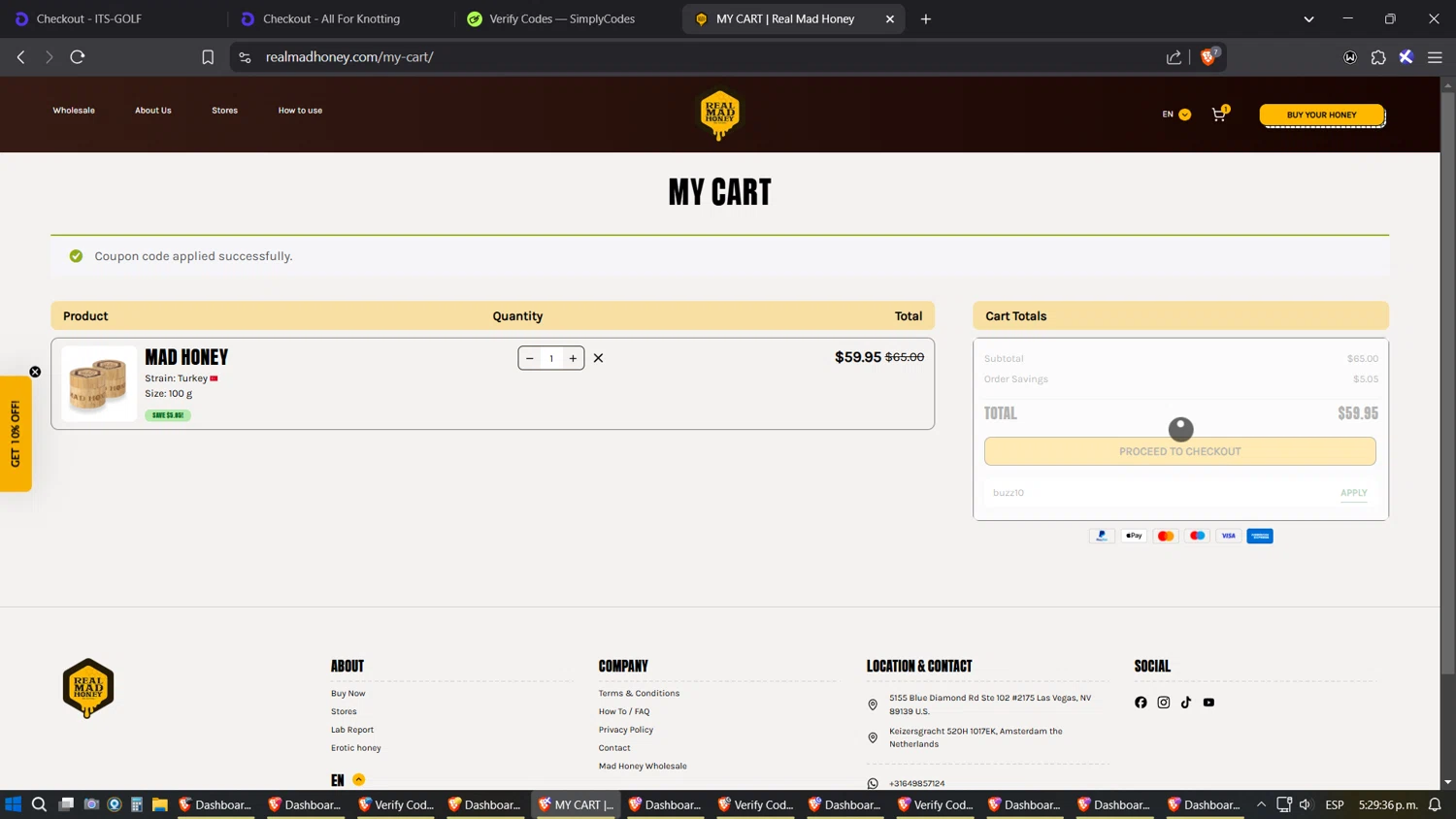 Real Mad Honey coupon code screenshot showing code buzz10 applied at Real Mad Honey checkout page. Uploaded by SimplyCodes community member SoulPower on Mar 28, 2025