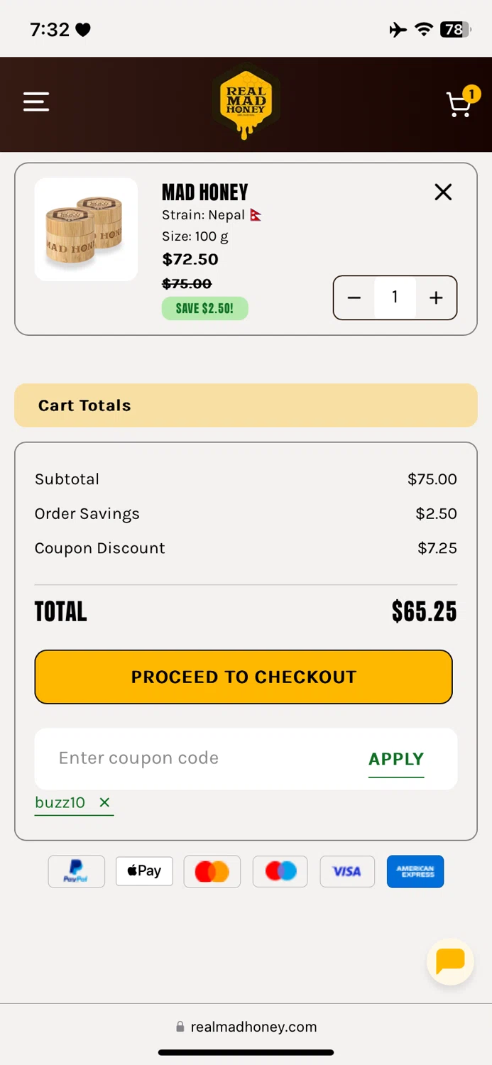 Real Mad Honey coupon code screenshot showing code buzz10 applied at Real Mad Honey checkout page. Uploaded by SimplyCodes community member WonderCaptain6926 on May 25, 2025
