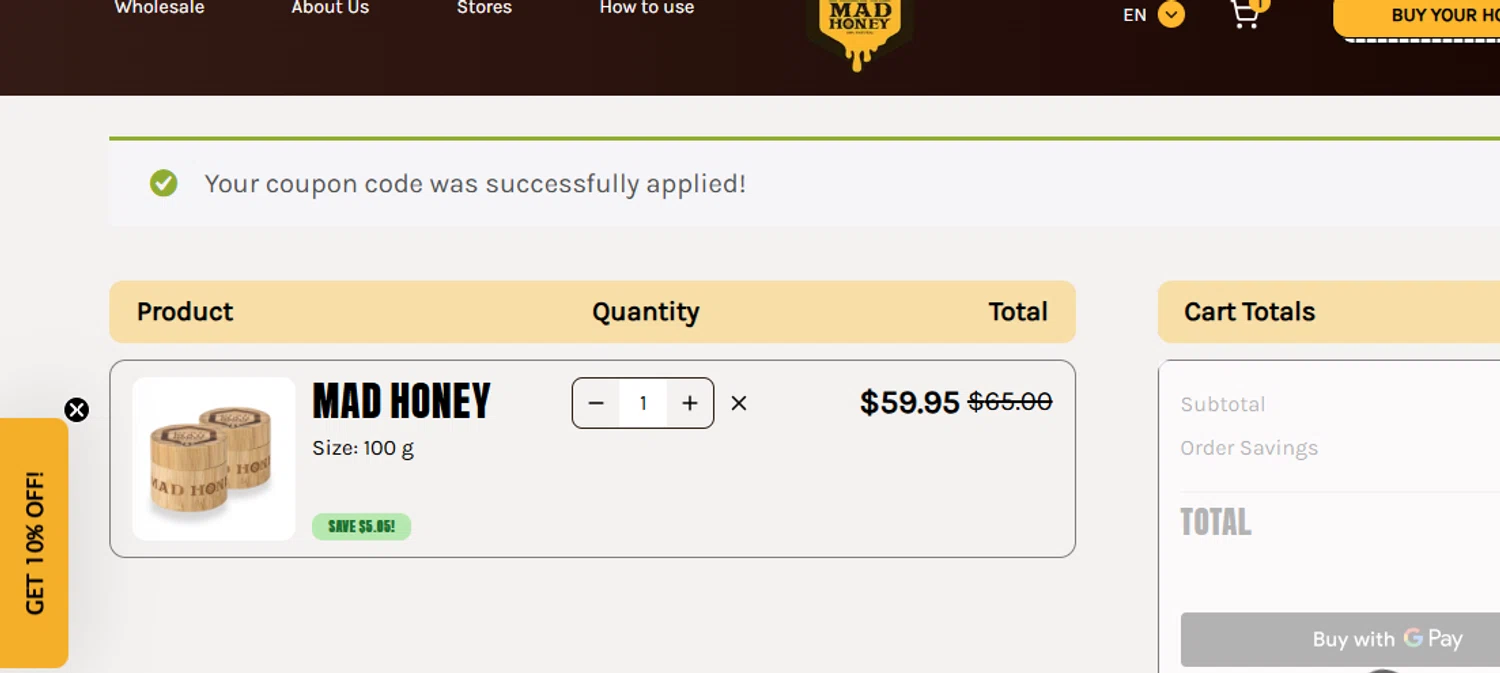 Real Mad Honey coupon code screenshot showing code BIGSAVINGS applied at Real Mad Honey checkout page. Uploaded by SimplyCodes community member BonusDefender8823 on Oct 14, 2025