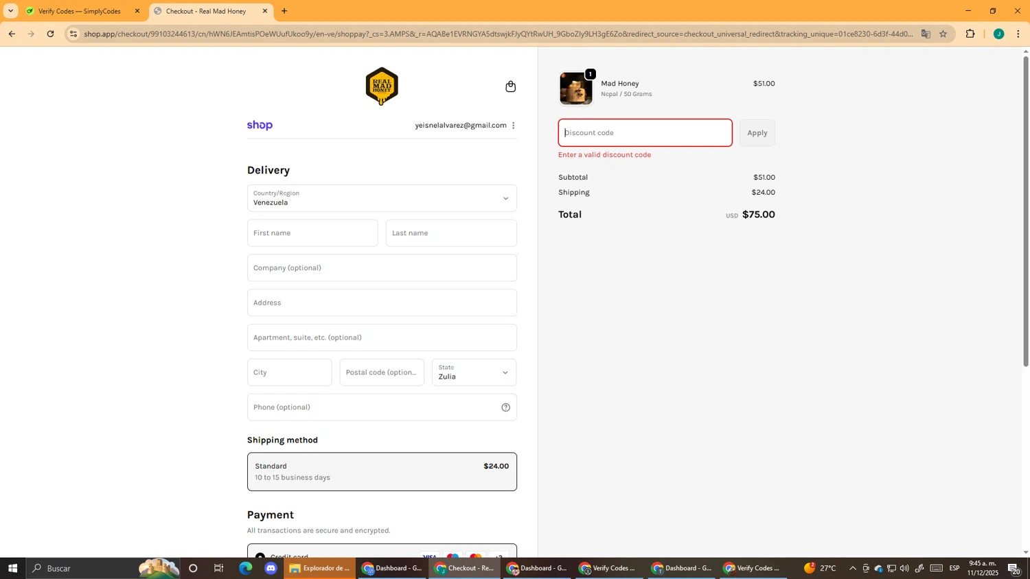 Real Mad Honey coupon code screenshot showing code BIGSAVINGS applied at Real Mad Honey checkout page. Uploaded by SimplyCodes community member DealScout5970 on Dec 11, 2025