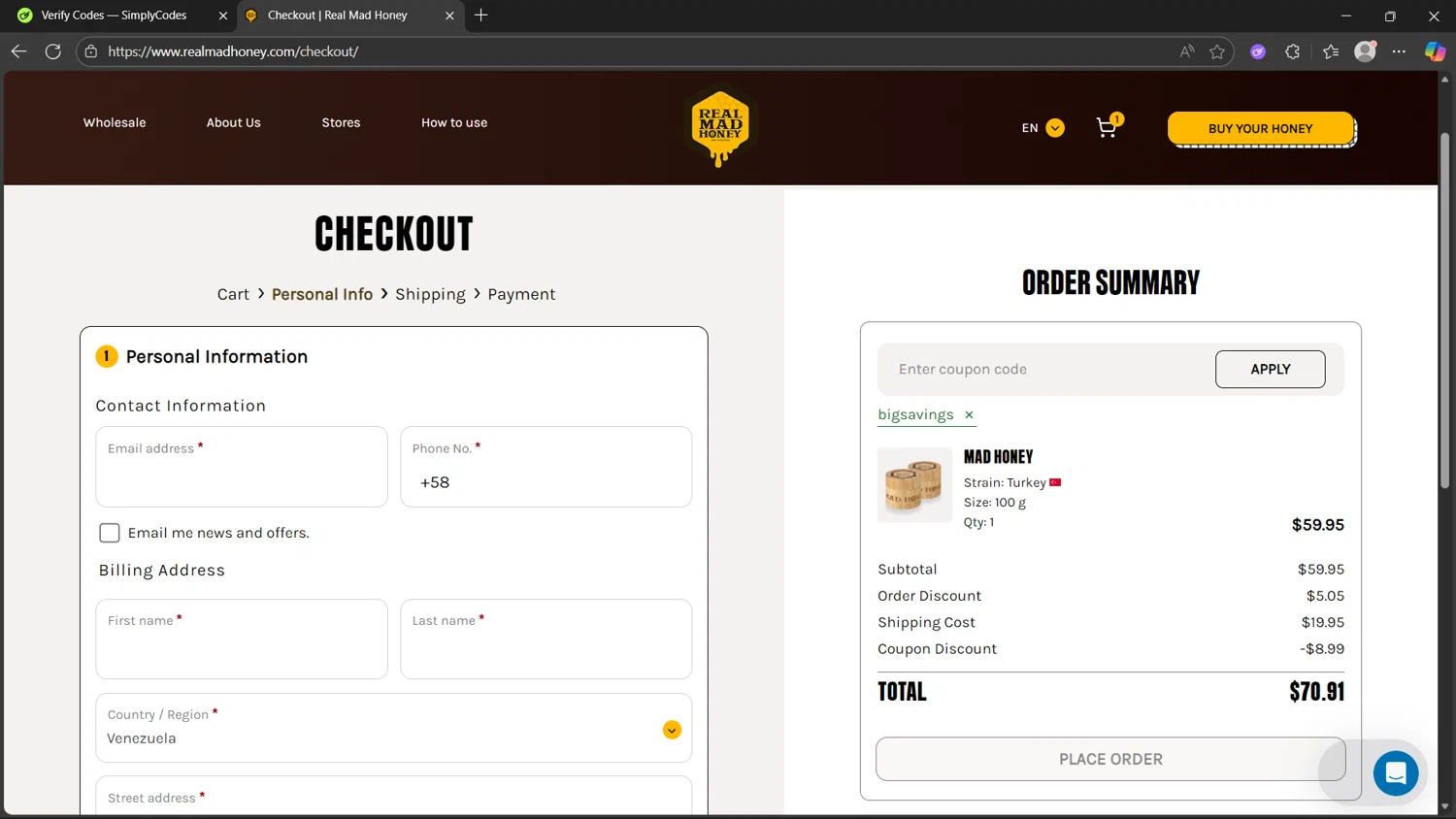 Real Mad Honey coupon code screenshot showing code BIGSAVINGS applied at Real Mad Honey checkout page. Uploaded by SimplyCodes community member MightyHunter5940 on Nov 12, 2025