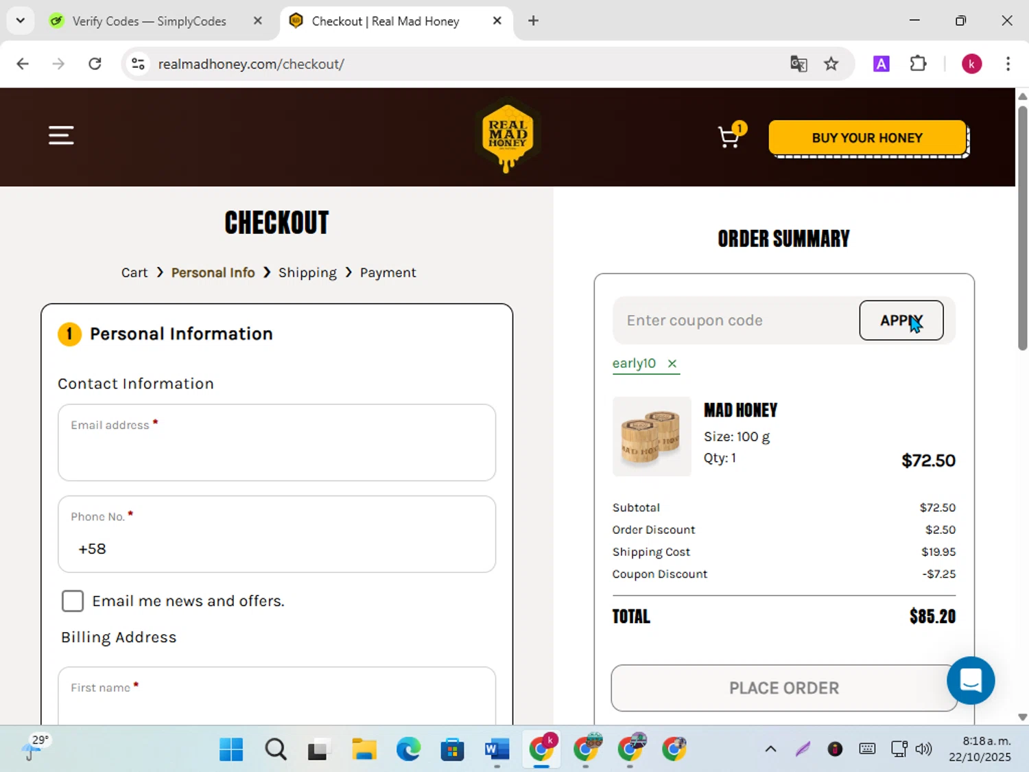 Real Mad Honey checkout page showing Real Mad Honey coupon code box | Screenshot taken by SimplyCodes community member on Oct 22, 2025