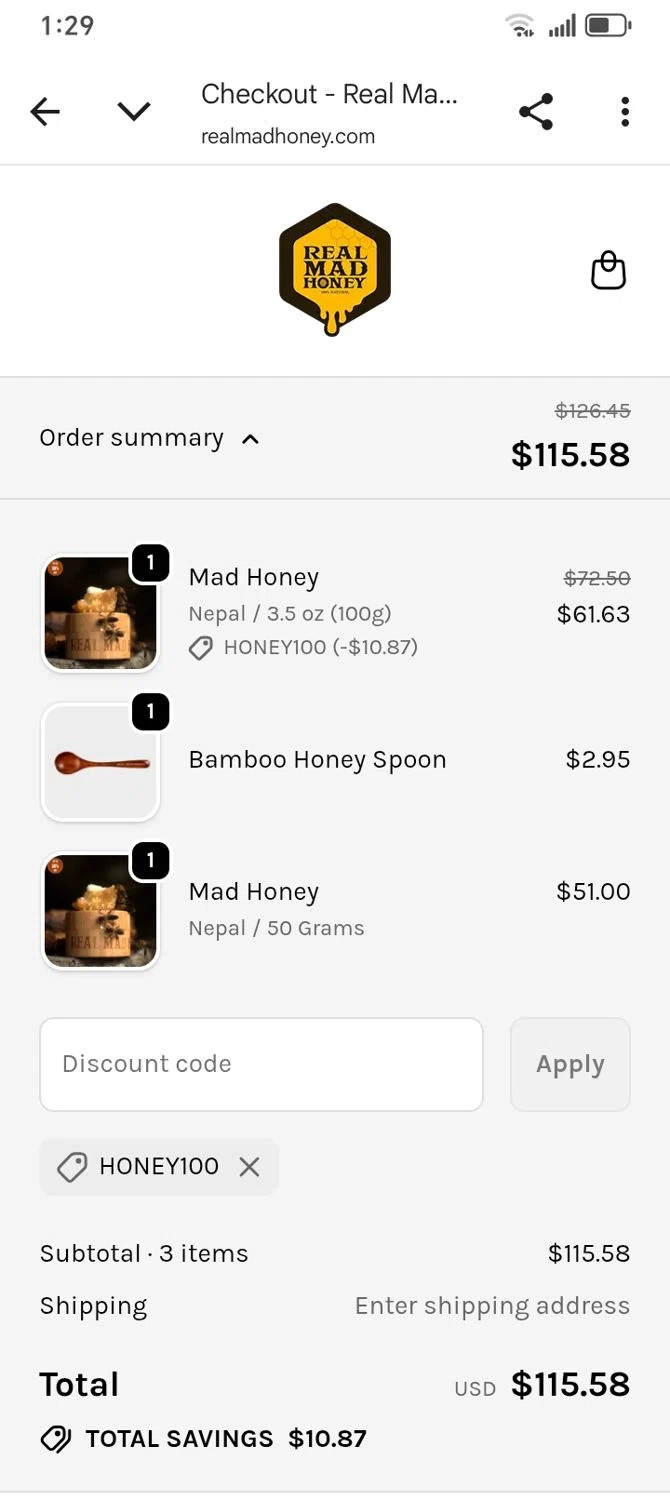 Real Mad Honey coupon code screenshot showing code HONEY100 applied at Real Mad Honey checkout page. Uploaded by SimplyCodes community member franksanchez on Dec 15, 2025