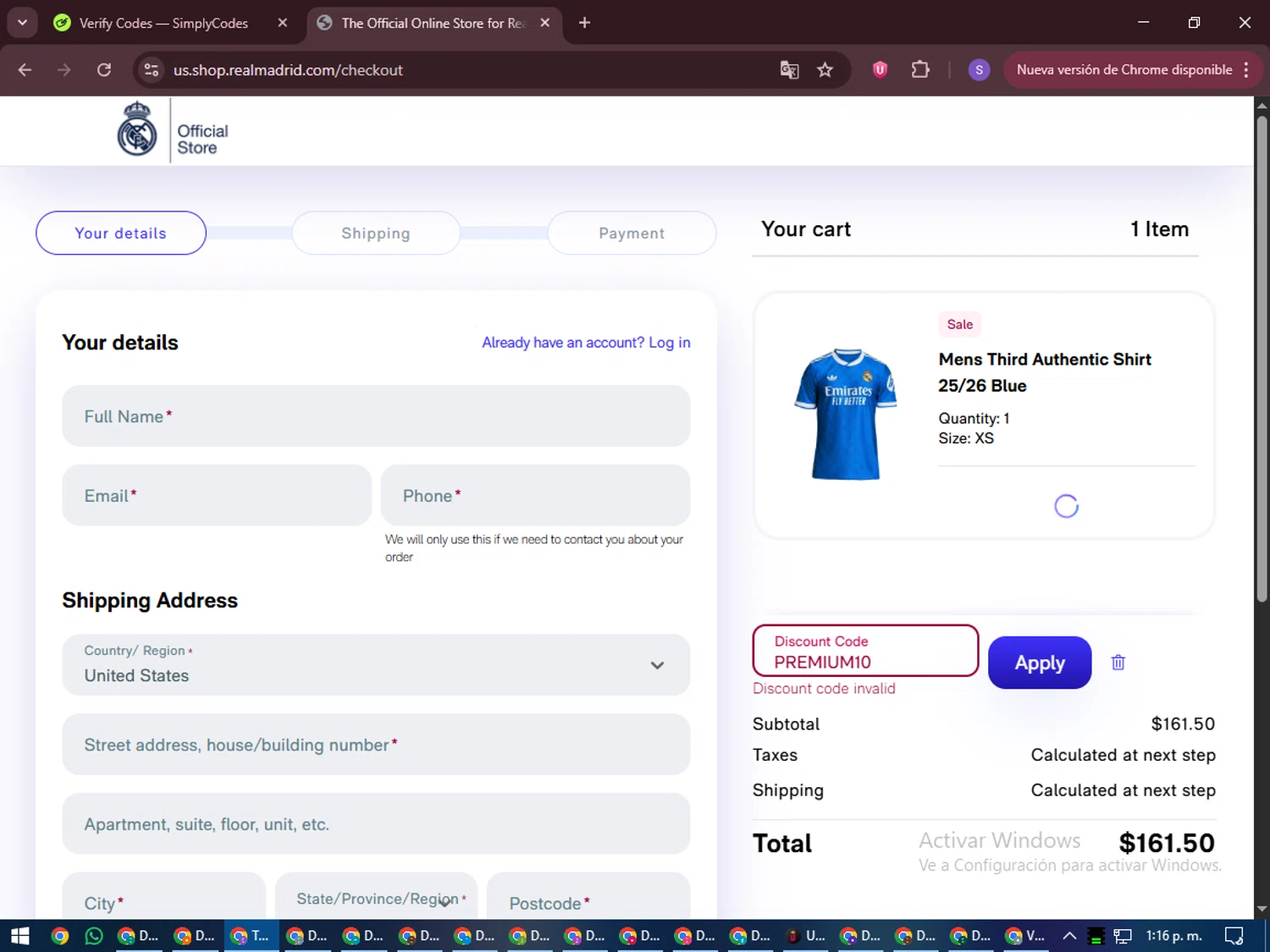 Real Madrid Shop discount code screenshot showing code PREMIUM10 applied at Real Madrid Shop checkout page. Uploaded by SimplyCodes community member LuckyVoyager688 on Dec 13, 2025