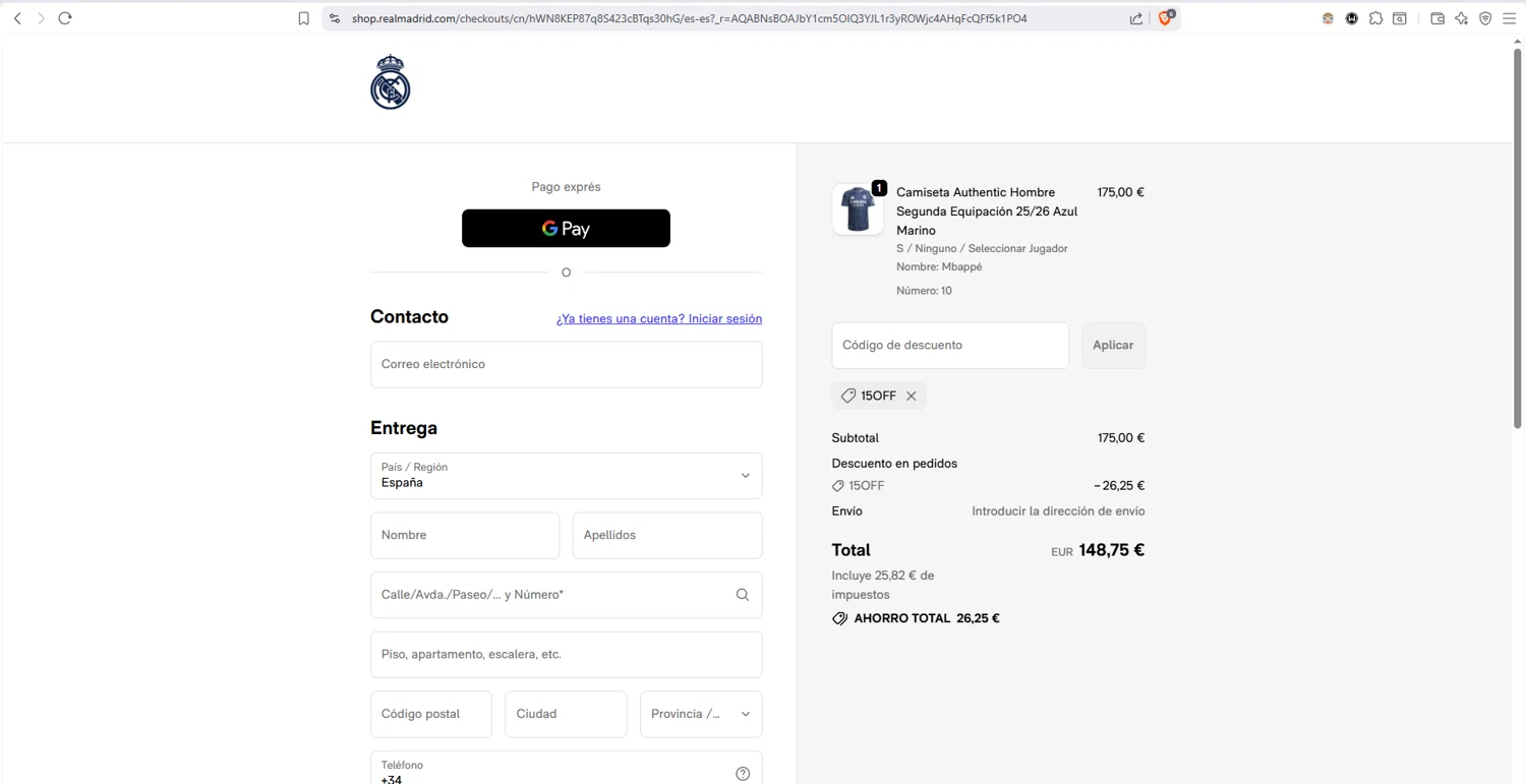 Real Madrid Shop checkout page showing Real Madrid Shop discount code box | Screenshot taken by SimplyCodes community member on Feb 2, 2026