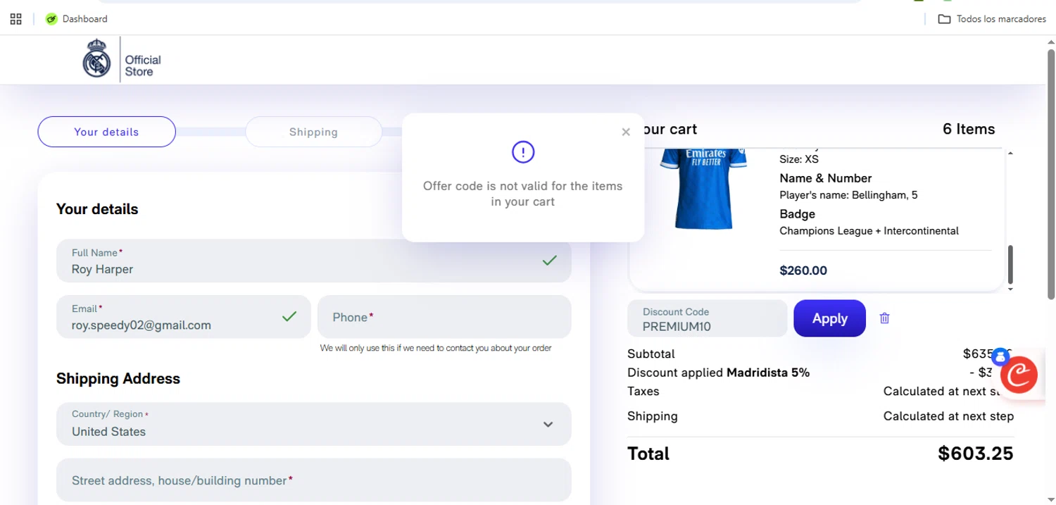 Real Madrid Shop discount code screenshot showing code PREMIUM10 applied at Real Madrid Shop checkout page. Uploaded by SimplyCodes community member Speedy on Dec 3, 2025